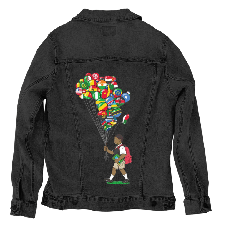 BALLOON BOY, by THE NYGERIANS, digitally printed on DENIM products: throw pillows, aprons, table place mats, and hand - made Unisex Denim Jackets in 3 color choices custom denim jacket by DenimINK