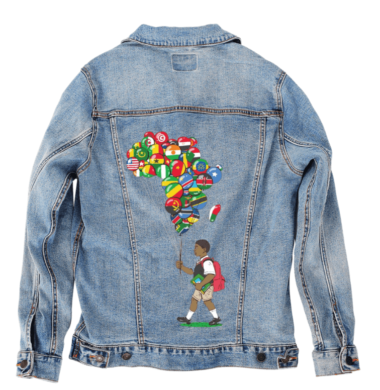 BALLOON BOY, by THE NYGERIANS, digitally printed on DENIM products: throw pillows, aprons, table place mats, and hand - made Unisex Denim Jackets in 3 color choices custom denim jacket by DenimINK