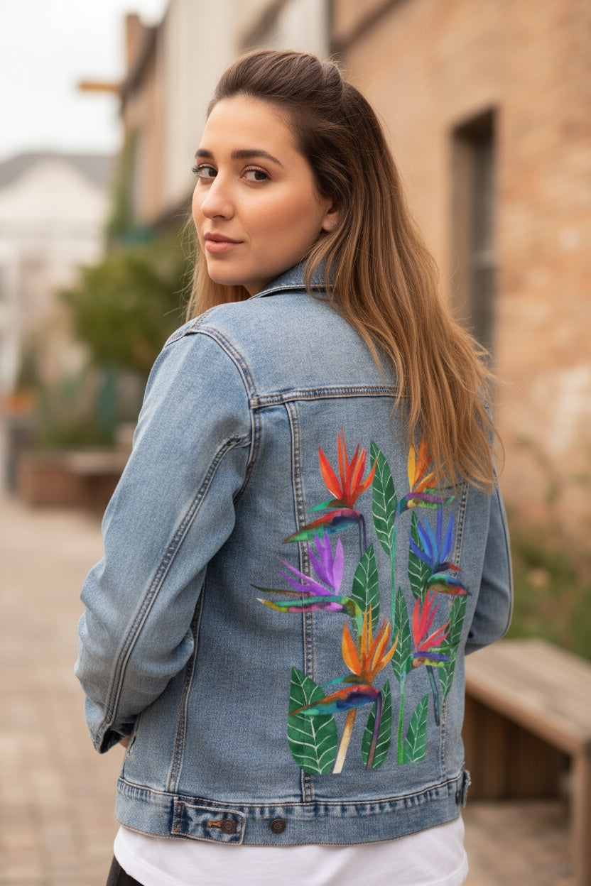 BIRD OF PARADISE1 by HEND SHEHATA, digitally printed on DENIM products: throw pillows, aprons, table place mats, and hand-made Unisex Denim Jackets in 3 color choices