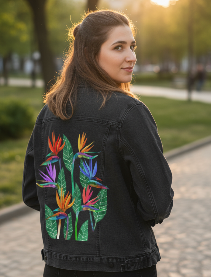 BIRD OF PARADISE1 by HEND SHEHATA, digitally printed on DENIM products: throw pillows, aprons, table place mats, and hand-made Unisex Denim Jackets in 3 color choices
