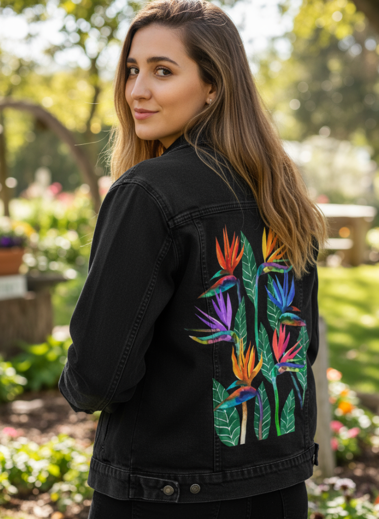 BIRD OF PARADISE1 by HEND SHEHATA, digitally printed on DENIM products: throw pillows, aprons, table place mats, and hand-made Unisex Denim Jackets in 3 color choices