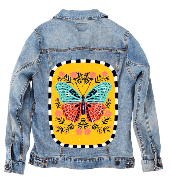 BLOOM and FLUTTER by IndySign, digitally printed on DENIM products: throw pillows, aprons, table place mats, and hand-made Unisex Denim Jackets in 3 color choices