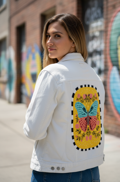 BLOOM and FLUTTER by IndySign, digitally printed on DENIM products: throw pillows, aprons, table place mats, and hand-made Unisex Denim Jackets in 3 color choices
