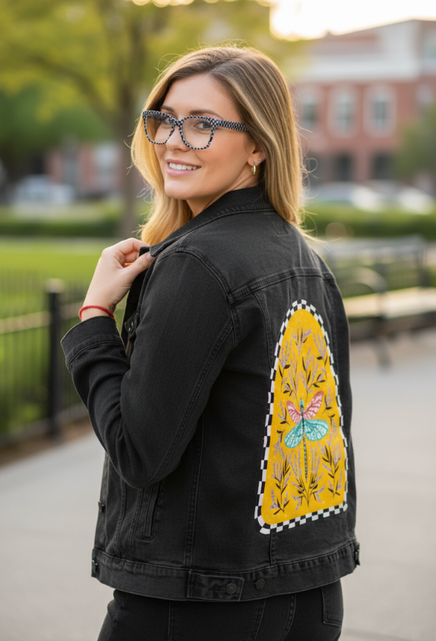 BLOOM AND FLUTTER DRAGONFLY by IndySign, digitally printed on DENIM products: throw pillows, aprons, table place mats, and hand-made Unisex Denim Jackets in 3 color choices