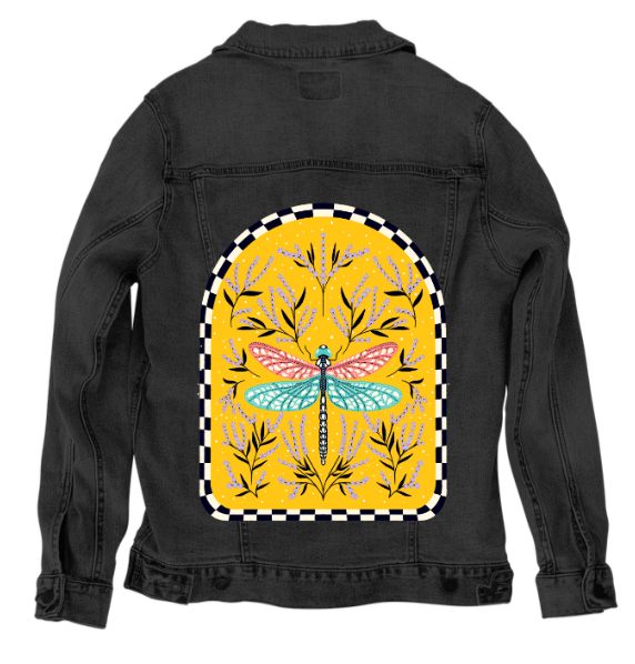 BLOOM AND FLUTTER DRAGONFLY by IndySign, digitally printed on DENIM products: throw pillows, aprons, table place mats, and hand-made Unisex Denim Jackets in 3 color choices