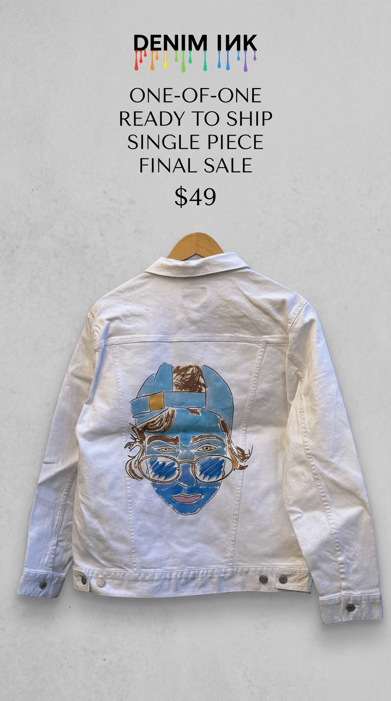 AS - IS. 1. Illustrated Face. ONE - OF - ONE. Printed Denim Jacket — Medium / White custom denim jacket by DenimINK