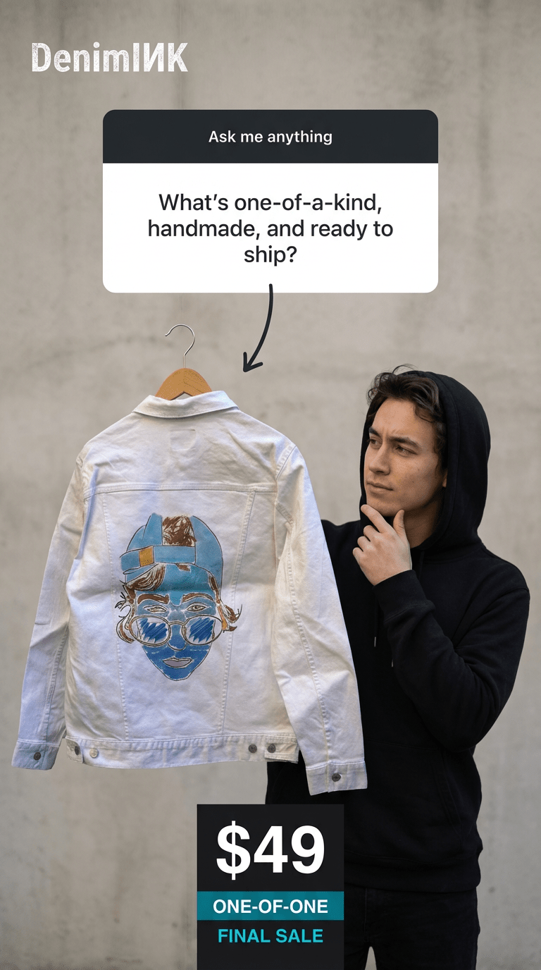 AS - IS. 1. Illustrated Face. ONE - OF - ONE. Printed Denim Jacket — Medium / White custom denim jacket by DenimINK