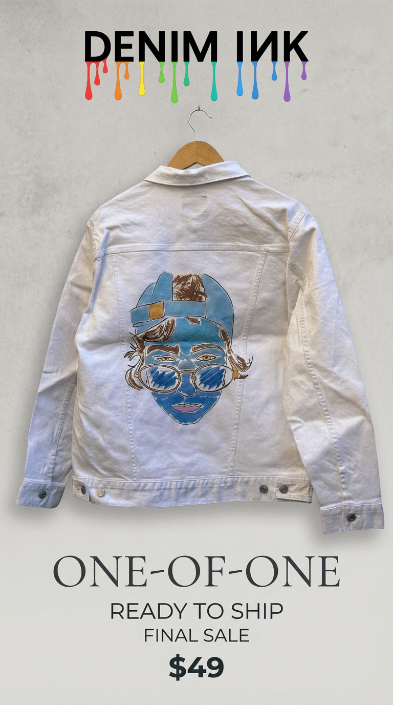 AS - IS. 1. Illustrated Face. ONE - OF - ONE. Printed Denim Jacket — Medium / White custom denim jacket by DenimINK