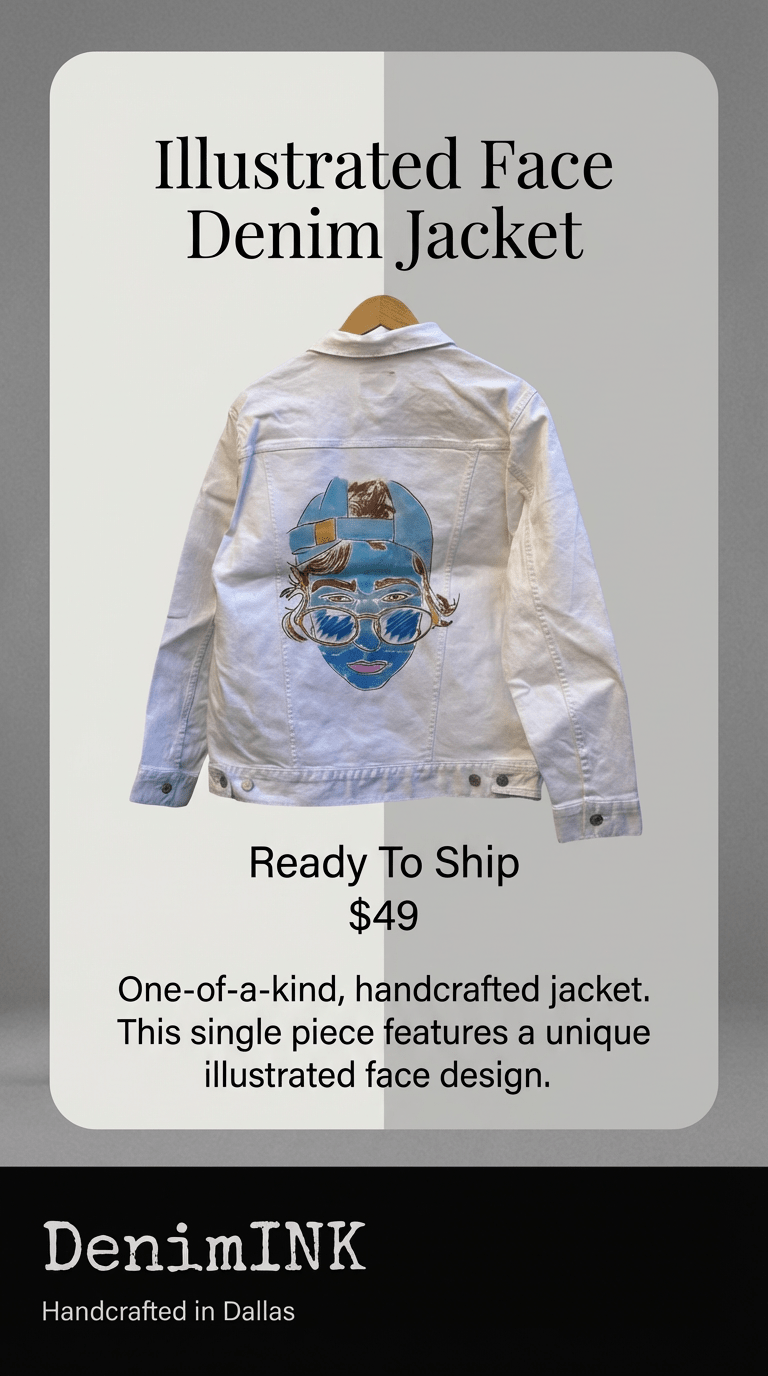 AS - IS. 1. Illustrated Face. ONE - OF - ONE. Printed Denim Jacket — Medium / White custom denim jacket by DenimINK