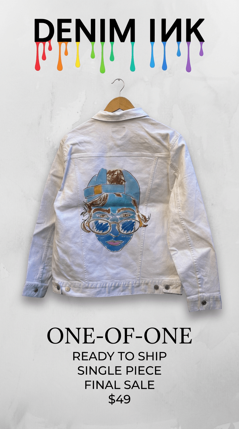 AS - IS. 1. Illustrated Face. ONE - OF - ONE. Printed Denim Jacket — Medium / White custom denim jacket by DenimINK