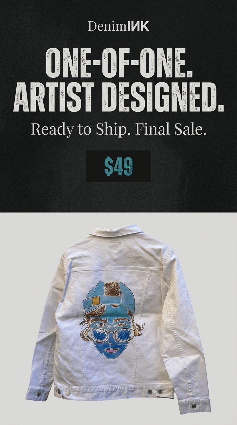 AS - IS. 1. Illustrated Face. ONE - OF - ONE. Printed Denim Jacket — Medium / White custom denim jacket by DenimINK