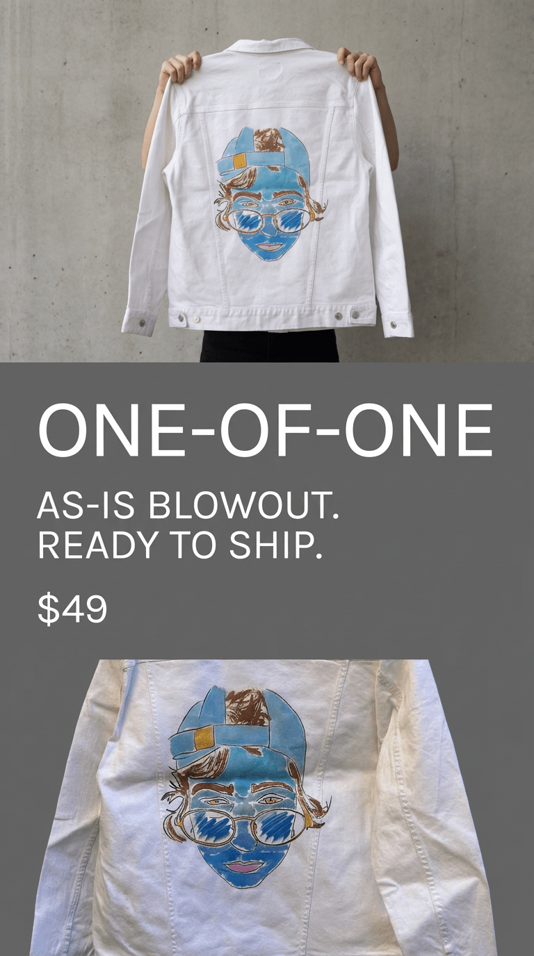 AS - IS. 1. Illustrated Face. ONE - OF - ONE. Printed Denim Jacket — Medium / White custom denim jacket by DenimINK