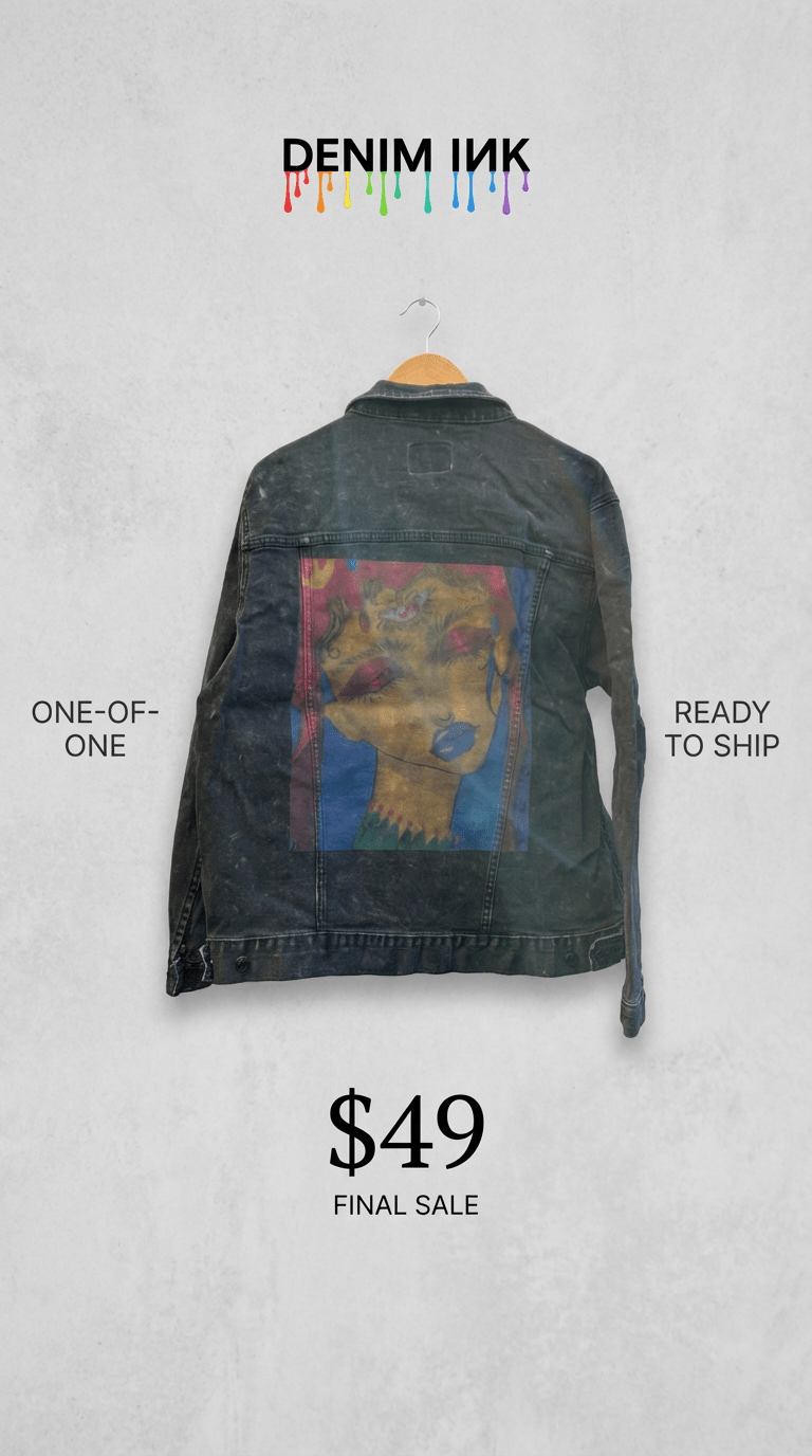 AS - IS. 11. Painted Portrait. ONE - OF - ONE. Printed Denim Jacket — XL / Black custom denim jacket by DenimINK