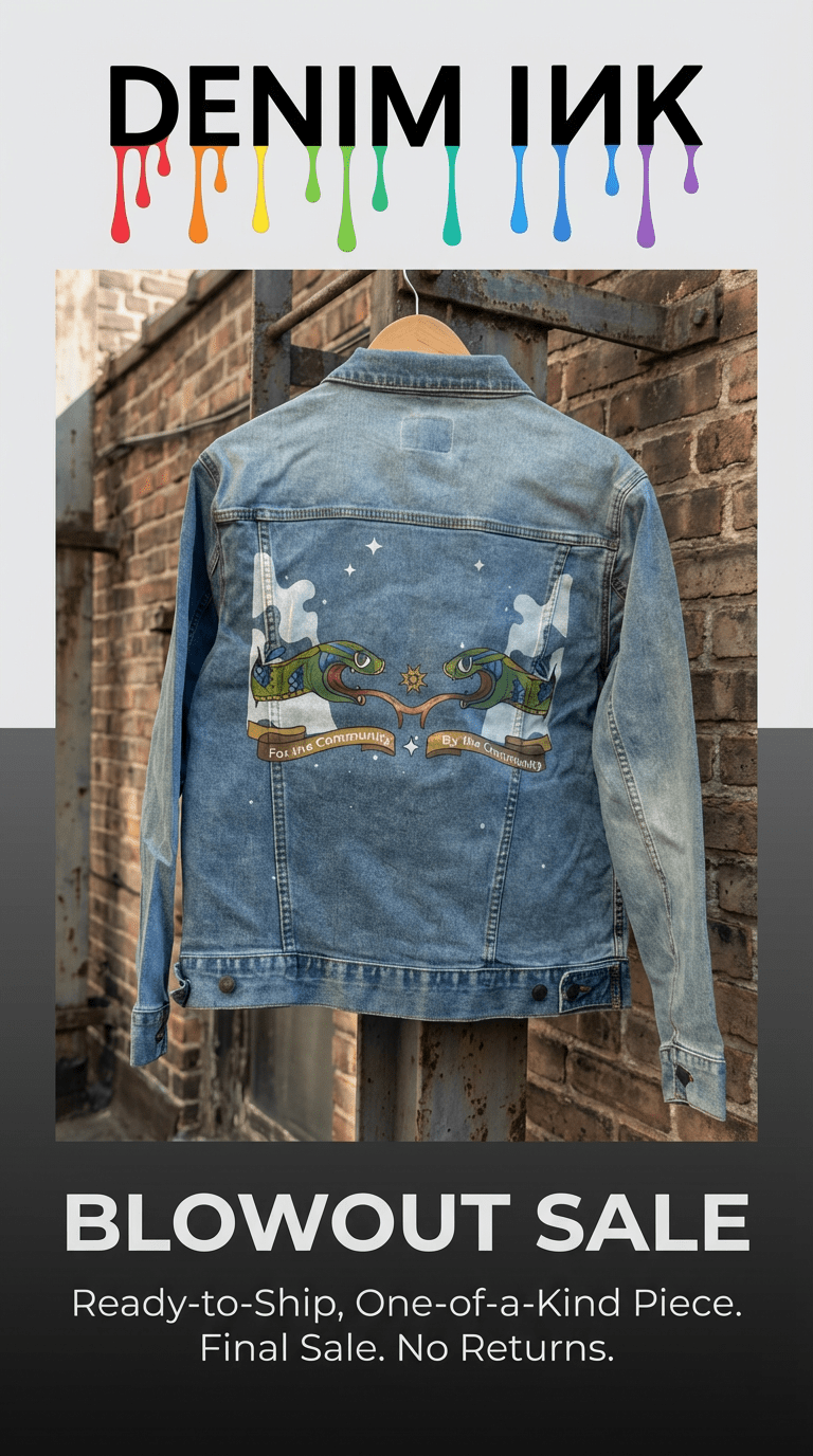 AS - IS. 2. Twin Snakes “For the Community”. ONE - OF - ONE. Printed Denim Jacket — Medium / Stonewashed custom denim jacket by DenimINK