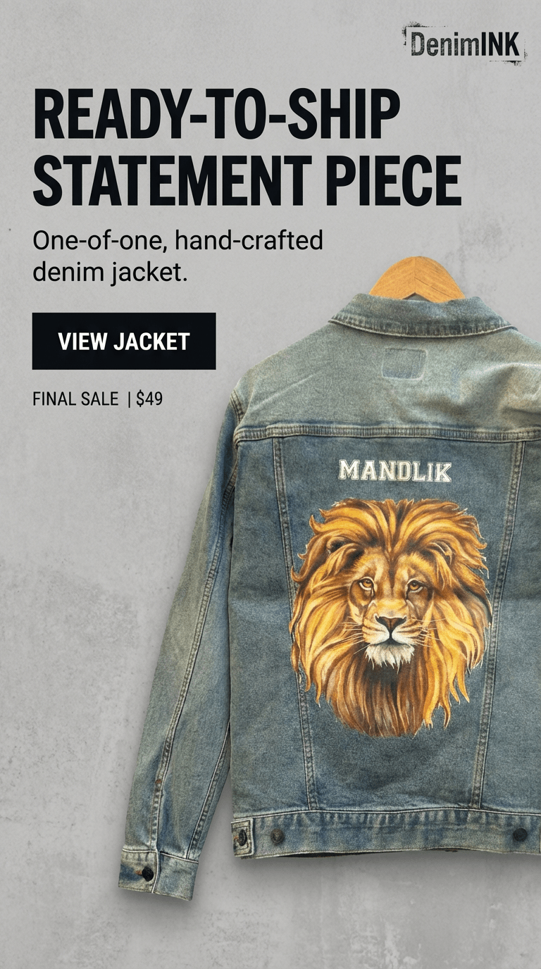AS - IS. 3. Lion Portrait. ONE - OF - ONE. Printed Denim Jacket — Medium / Stonewashed custom denim jacket by DenimINK