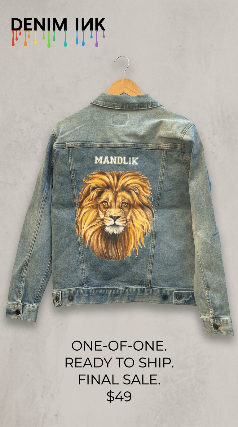 AS - IS. 3. Lion Portrait. ONE - OF - ONE. Printed Denim Jacket — Medium / Stonewashed custom denim jacket by DenimINK