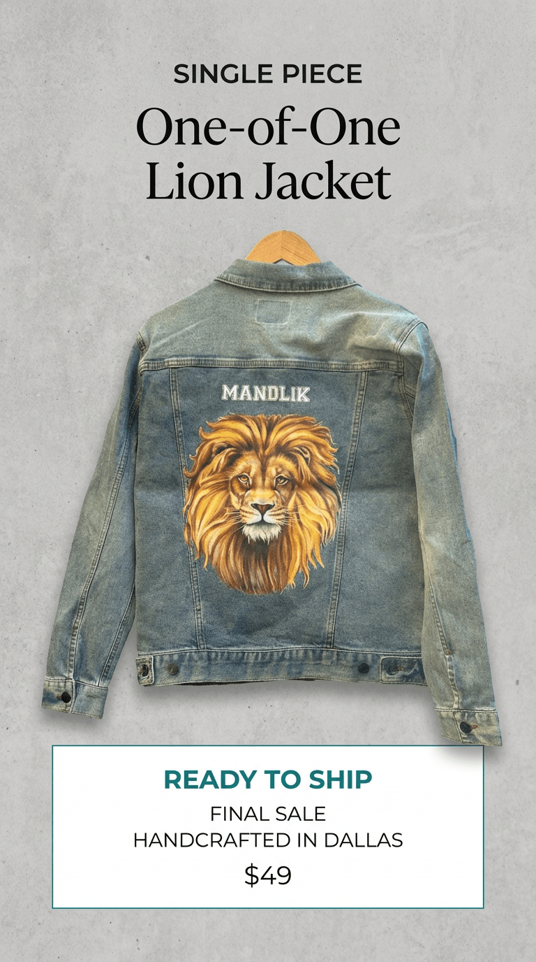 AS - IS. 3. Lion Portrait. ONE - OF - ONE. Printed Denim Jacket — Medium / Stonewashed custom denim jacket by DenimINK