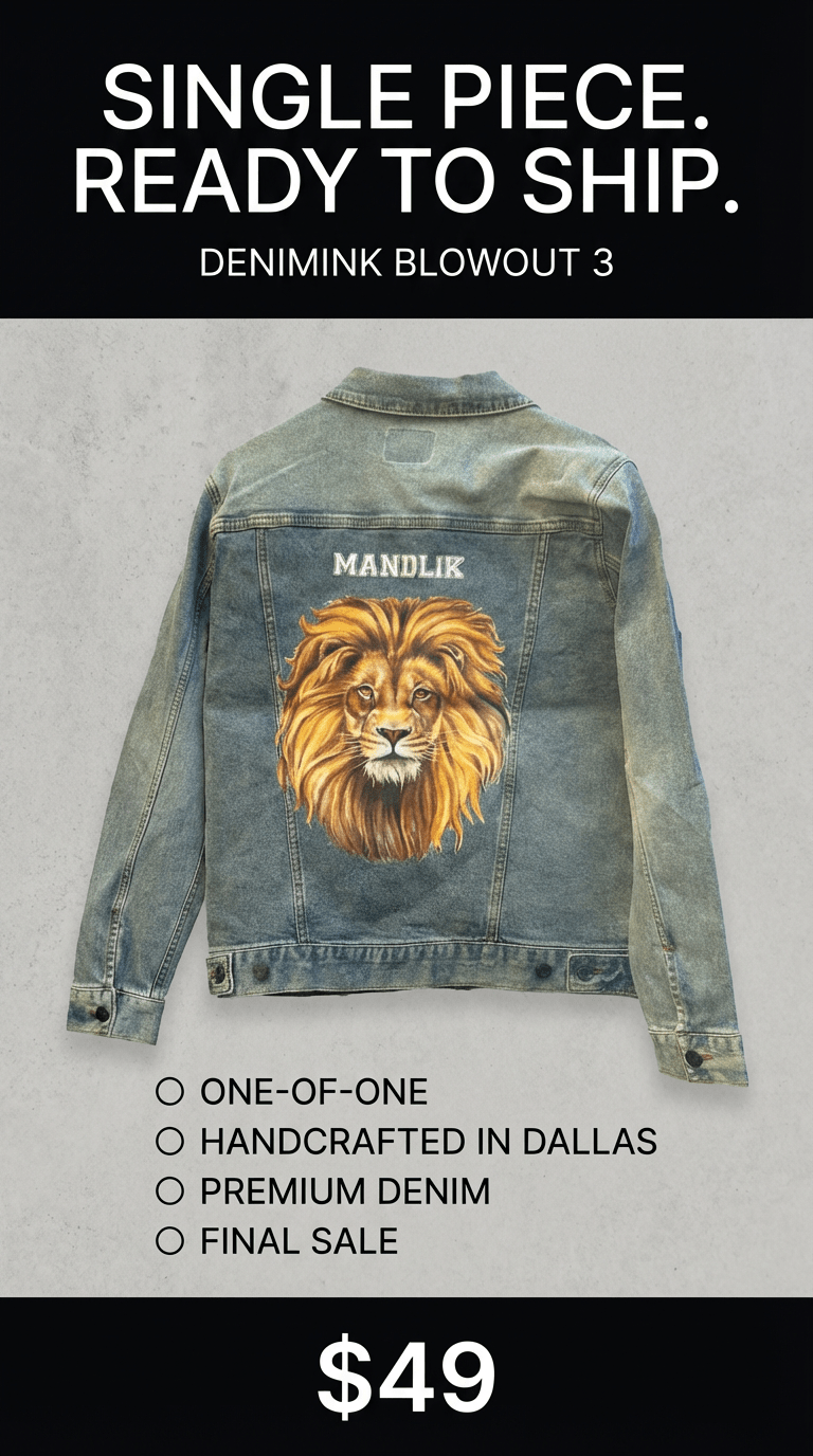 AS - IS. 3. Lion Portrait. ONE - OF - ONE. Printed Denim Jacket — Medium / Stonewashed custom denim jacket by DenimINK