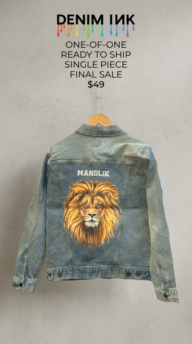 AS - IS. 3. Lion Portrait. ONE - OF - ONE. Printed Denim Jacket — Medium / Stonewashed custom denim jacket by DenimINK