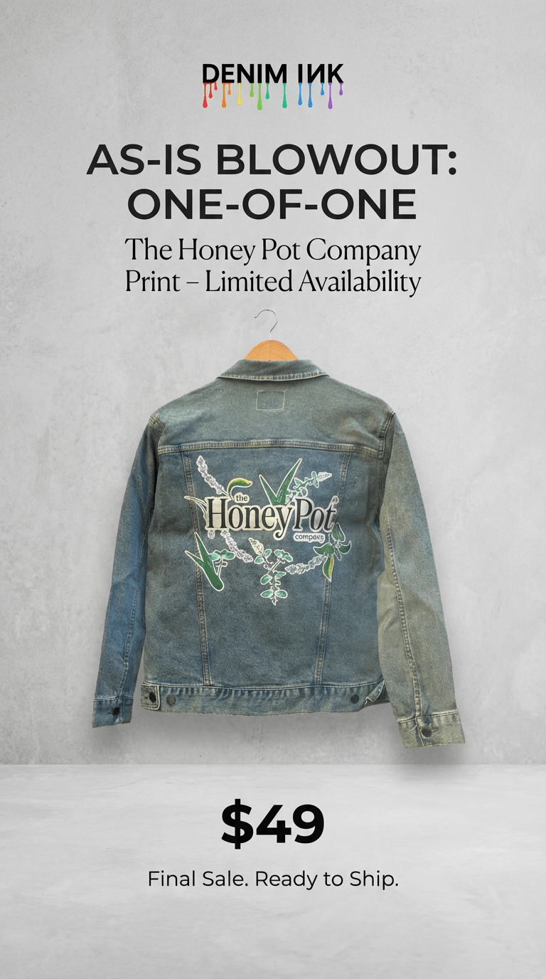 AS - IS. 4. "Honey Pot." ONE - OF - ONE. Printed Denim Jacket — Medium / Stonewashed custom denim jacket by DenimINK