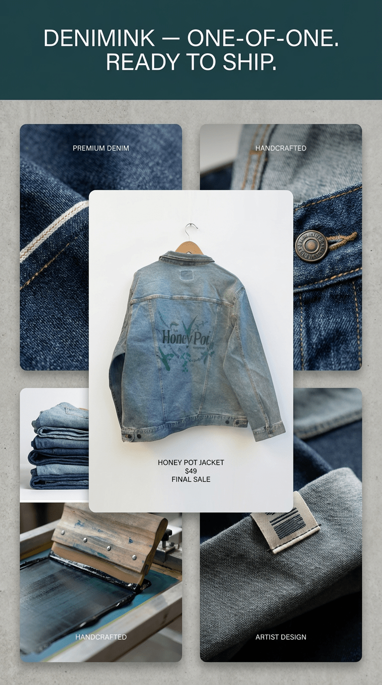 AS - IS. 5. "Honey Pot." ONE - OF - ONE. Printed Denim Jacket — 2XL / Stonewashed custom denim jacket by DenimINK