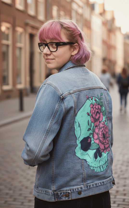 BLUE FLORAL SKULL by JESS ADAMS, digitally printed on DENIM products: throw pillows, aprons, table place mats, and hand-made Unisex Denim Jackets in 3 color choices Blue Floral Skull by Jess Adams, on a hand-made Denim Jacket with 3 color choices: Stonewash, White, or Black. Unisex XS S M L XL 2X 3X. USA hand-made and USA digitally printed. Ships free within the USA & also ships Internationally.