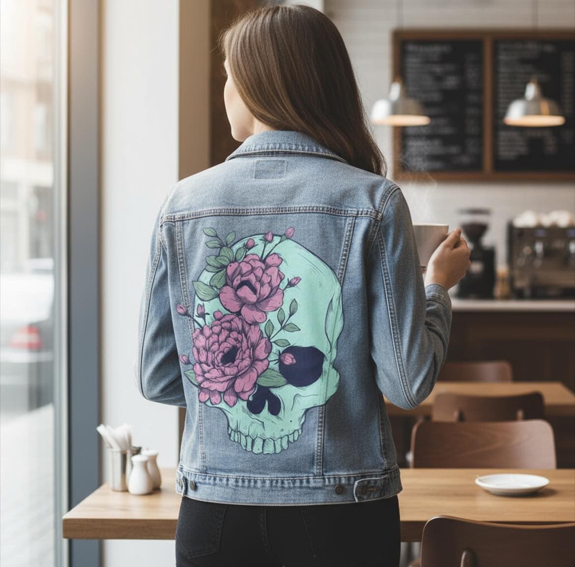 BLUE FLORAL SKULL by JESS ADAMS, digitally printed on DENIM products: throw pillows, aprons, table place mats, and hand-made Unisex Denim Jackets in 3 color choices Blue Floral Skull by Jess Adams, on a hand-made Denim Jacket with 3 color choices: Stonewash, White, or Black. Unisex XS S M L XL 2X 3X. USA hand-made and USA digitally printed. Ships free within the USA & also ships Internationally.
