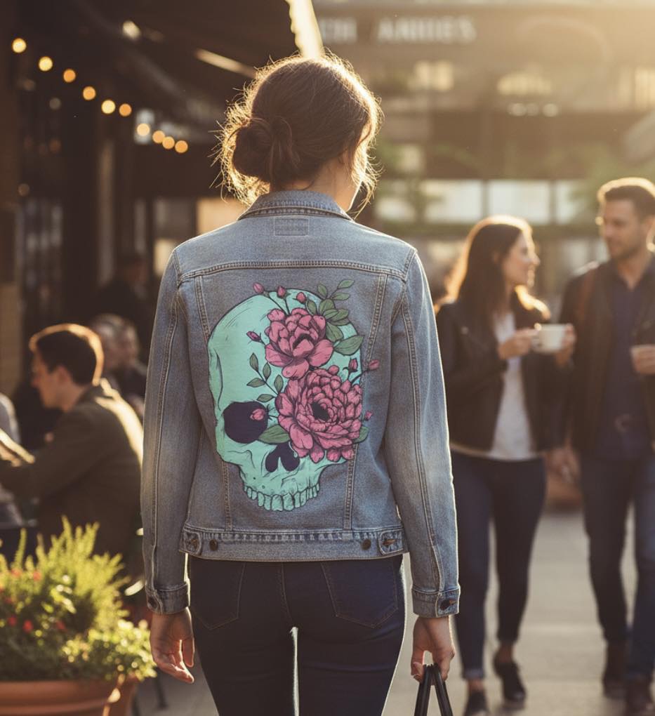 BLUE FLORAL SKULL by JESS ADAMS, digitally printed on DENIM products: throw pillows, aprons, table place mats, and hand-made Unisex Denim Jackets in 3 color choices Blue Floral Skull by Jess Adams, on a hand-made Denim Jacket with 3 color choices: Stonewash, White, or Black. Unisex XS S M L XL 2X 3X. USA hand-made and USA digitally printed. Ships free within the USA & also ships Internationally.