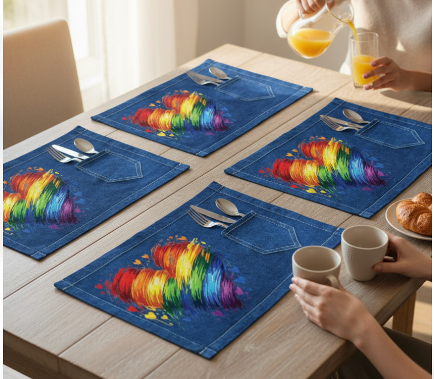 BOLD HEARTS & BRIGHT COLORS, digitally printed on DENIM products: throw pillows, aprons, table place mats, hand-made Unisex Denim Jackets in 3 color choices