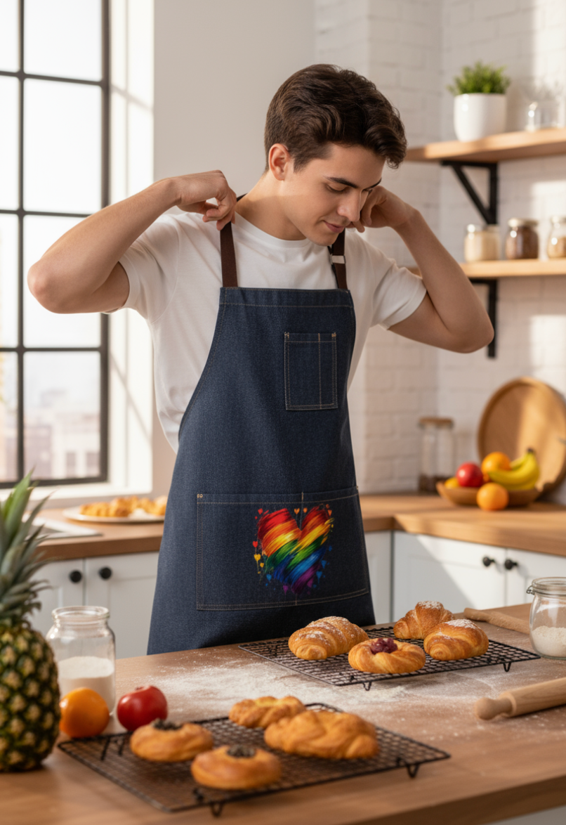 BOLD HEARTS & BRIGHT COLORS, digitally printed on DENIM products: throw pillows, aprons, table place mats, hand-made Unisex Denim Jackets in 3 color choices