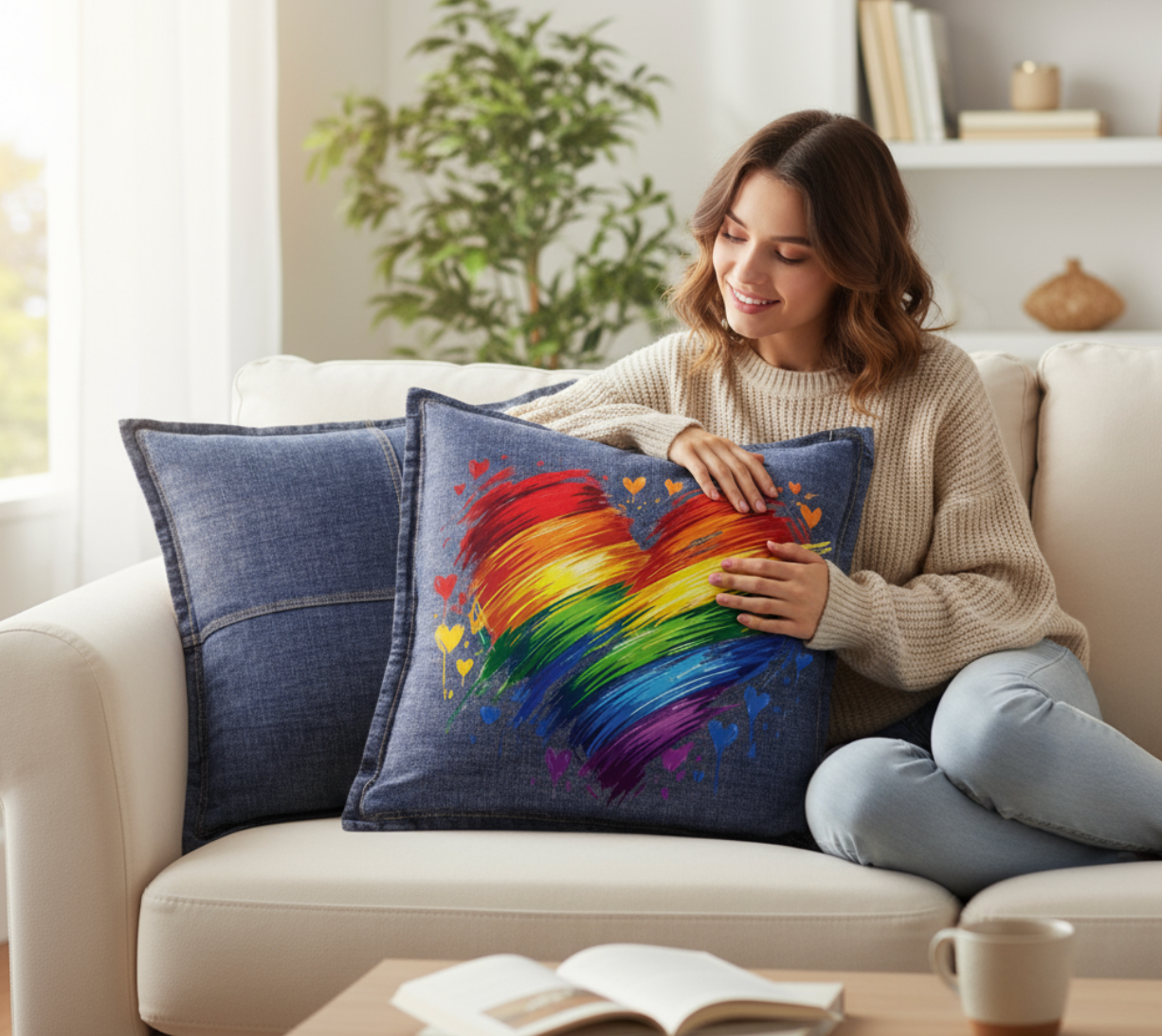 BOLD HEARTS & BRIGHT COLORS, digitally printed on DENIM products: throw pillows, aprons, table place mats, hand-made Unisex Denim Jackets in 3 color choices