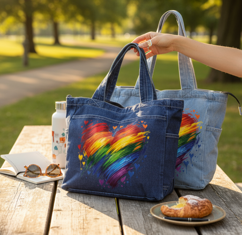 BOLD HEARTS & BRIGHT COLORS, digitally printed on DENIM products: throw pillows, aprons, table place mats, hand-made Unisex Denim Jackets in 3 color choices