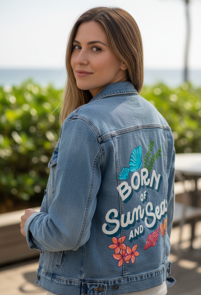 BORN OF SUN AND SEA by IndySign, digitally printed on DENIM products: throw pillows, aprons, table place mats, and hand-made Unisex Denim Jackets in 3 color choices