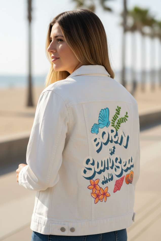 BORN OF SUN AND SEA by IndySign, digitally printed on DENIM products: throw pillows, aprons, table place mats, and hand-made Unisex Denim Jackets in 3 color choices