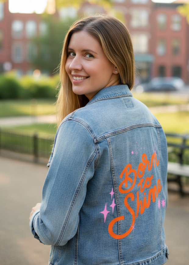 BORN TO SHINE by IndySign printed on a hand-made Unisex Denim Jacket