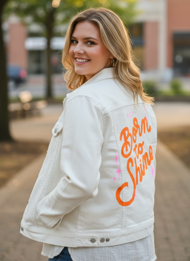 BORN TO SHINE by IndySign printed on a hand-made Unisex Denim Jacket