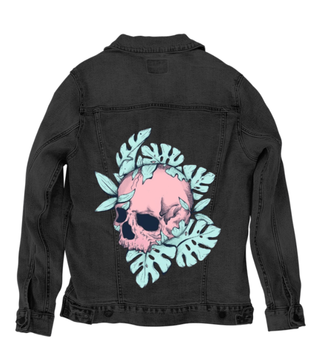 BOTANICAL SKULL by JESS ADAMS, digitally printed on DENIM products: throw pillows, aprons, table place mats, and hand-made Unisex Denim Jackets in 3 color choices BOTANICAL SKULL by JESS ADAMS, digitally printed on DENIM products: throw pillows, aprons, table place mats, and hand-made Unisex Denim Jackets in 3 color choices