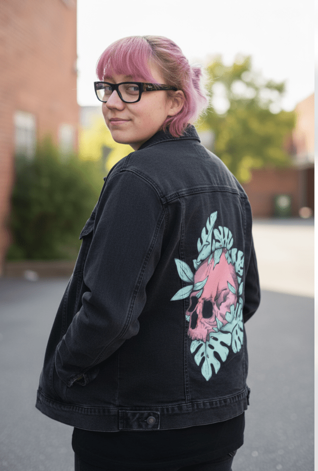 BOTANICAL SKULL by JESS ADAMS, digitally printed on DENIM products: throw pillows, aprons, table place mats, and hand-made Unisex Denim Jackets in 3 color choices BOTANICAL SKULL by JESS ADAMS, digitally printed on DENIM products: throw pillows, aprons, table place mats, and hand-made Unisex Denim Jackets in 3 color choices