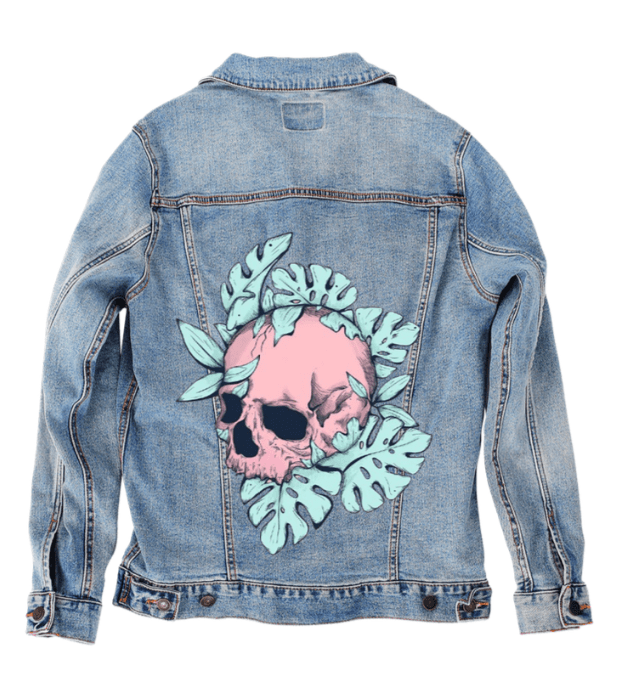 BOTANICAL SKULL by JESS ADAMS, digitally printed on DENIM products: throw pillows, aprons, table place mats, and hand-made Unisex Denim Jackets in 3 color choices BOTANICAL SKULL by JESS ADAMS, digitally printed on DENIM products: throw pillows, aprons, table place mats, and hand-made Unisex Denim Jackets in 3 color choices
