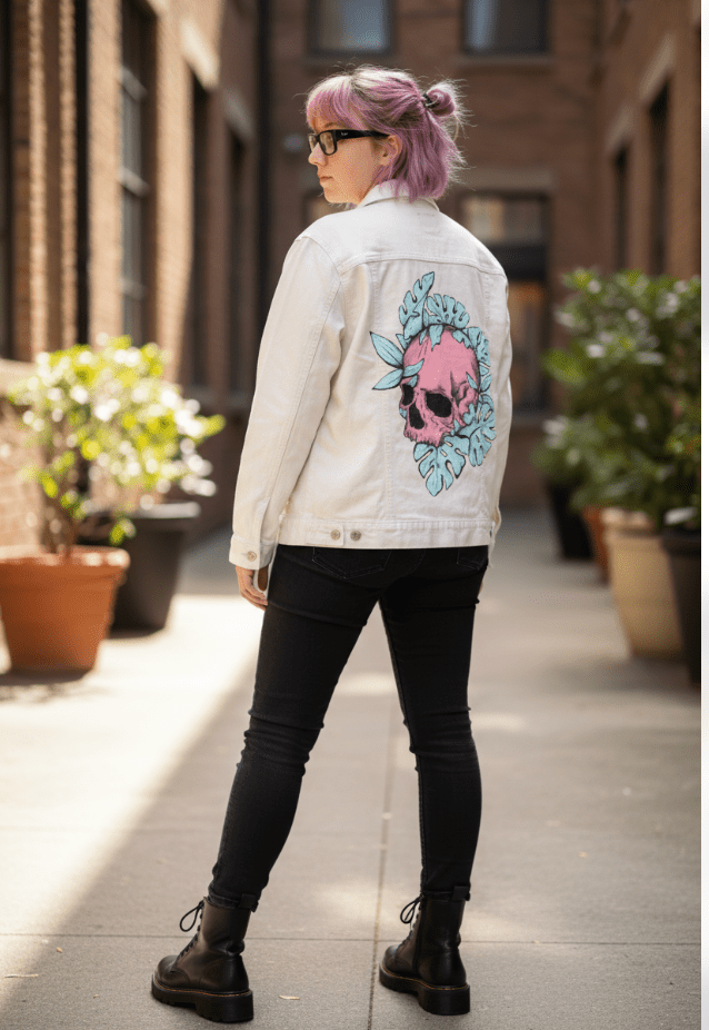 BOTANICAL SKULL by JESS ADAMS, digitally printed on DENIM products: throw pillows, aprons, table place mats, and hand-made Unisex Denim Jackets in 3 color choices BOTANICAL SKULL by JESS ADAMS, digitally printed on DENIM products: throw pillows, aprons, table place mats, and hand-made Unisex Denim Jackets in 3 color choices