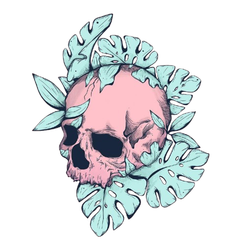 BOTANICAL SKULL by JESS ADAMS, digitally printed on DENIM products: throw pillows, aprons, table place mats, and hand-made Unisex Denim Jackets in 3 color choices