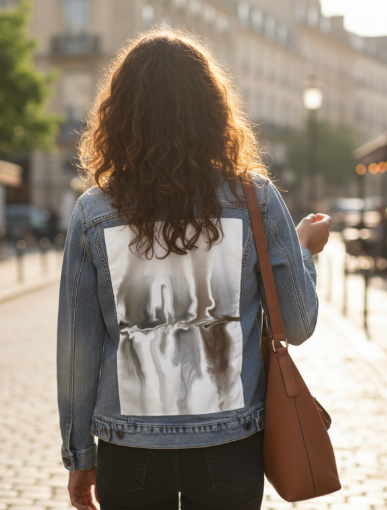 BROWN REFLECTION by RAMIR DESIGNS, digitally printed on DENIM products: throw pillows, aprons, table place mats, and hand-made Unisex Denim Jackets in 3 color choices