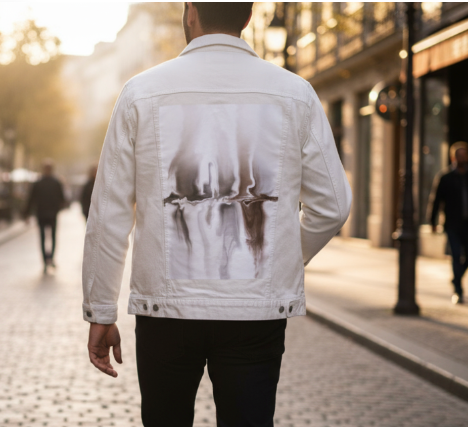 BROWN REFLECTION by RAMIR DESIGNS, digitally printed on a hand-made Unisex Denim Jacket