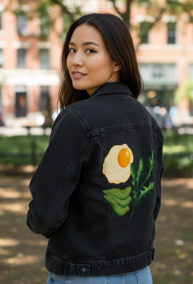 BRUNCH CLUB by thearticsoul, digitally printed on DENIM products: throw pillows, aprons, table place mats, and hand-made Unisex Denim Jackets in 3 color choices