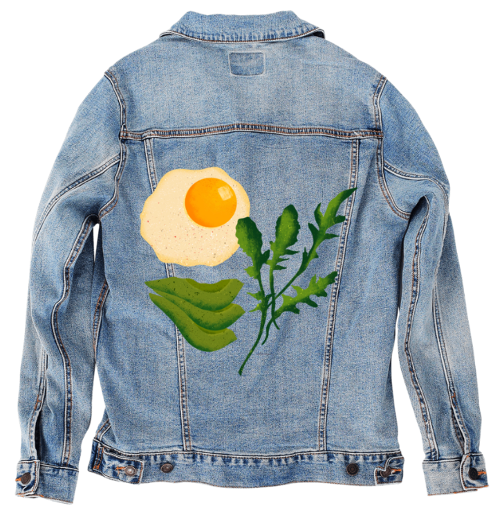 BRUNCH CLUB by thearticsoul, digitally printed on DENIM products: throw pillows, aprons, table place mats, and hand-made Unisex Denim Jackets in 3 color choices