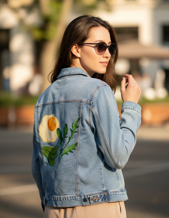 BRUNCH CLUB by thearticsoul, digitally printed on DENIM products: throw pillows, aprons, table place mats, and hand-made Unisex Denim Jackets in 3 color choices