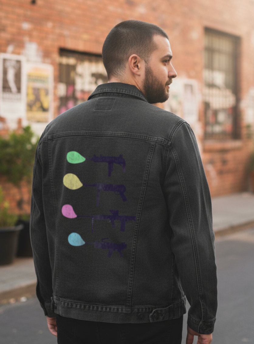 BUBBLE GUM by TOBE FONSECA, digitally printed on DENIM products: throw pillows, aprons, table place mats, and hand-made Unisex Denim Jackets in 3 color choices