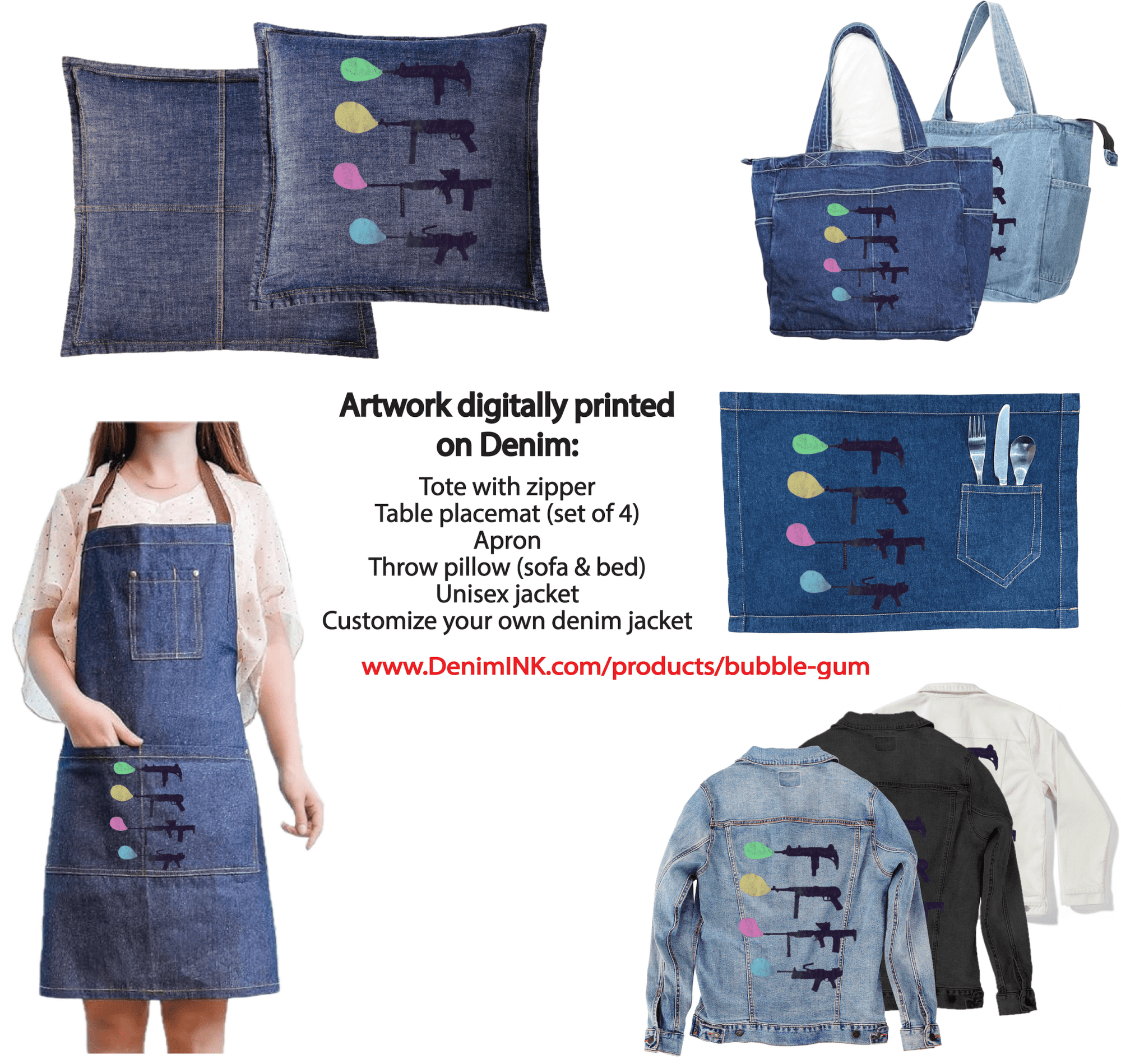 BUBBLE GUM by TOBE FONSECA, digitally printed on DENIM products: throw pillows, aprons, table place mats, and hand-made Unisex Denim Jackets in 3 color choices BUBBLE GUM by TOBE FONSECA, digitally printed on DENIM products: throw pillows, aprons, table place mats, and hand-made Unisex Denim Jackets in 3 color choices