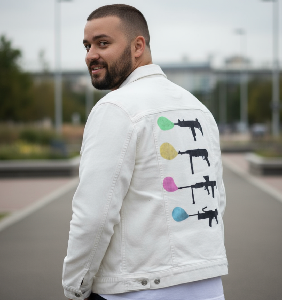 BUBBLE GUM by TOBE FONSECA, digitally printed on DENIM products: throw pillows, aprons, table place mats, and hand-made Unisex Denim Jackets in 3 color choices