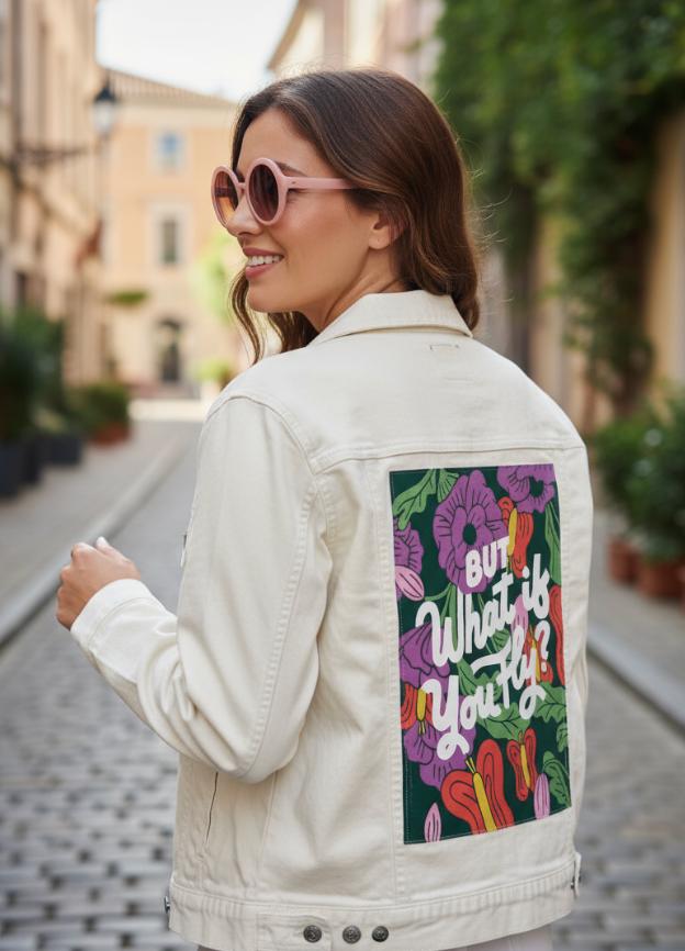 BUT WHAT IF YOU FLY by IndySign, digitally printed on DENIM products: throw pillows, aprons, table place mats, and hand-made Unisex Denim Jackets in 3 color choices